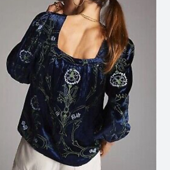 Anthropologie Women Velvet Floral Puff Sleeve Blouse Embroidered Navy XS Fairy - Picture 1 of 10